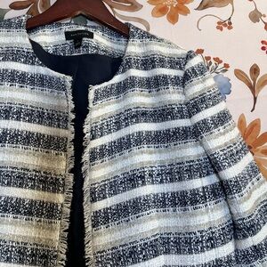 Ann Taylor 6 Ivory Blue Striped Open Workwear Office Blazer Spring Fall Preppy